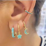 Romantic Purple Enamel Hoop Earrings Moon Star Aretes Wedding