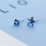 S925 Silver Flower Stud Earrings Asymmetric Female Sweet Square