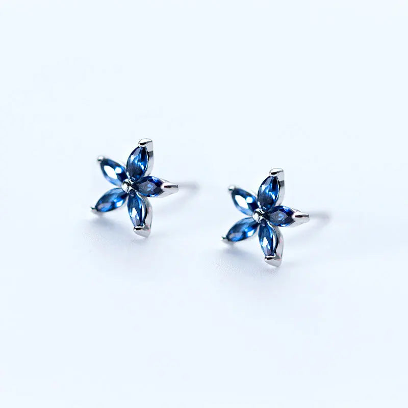 S925 Silver Flower Stud Earrings Asymmetric Female Sweet Square
