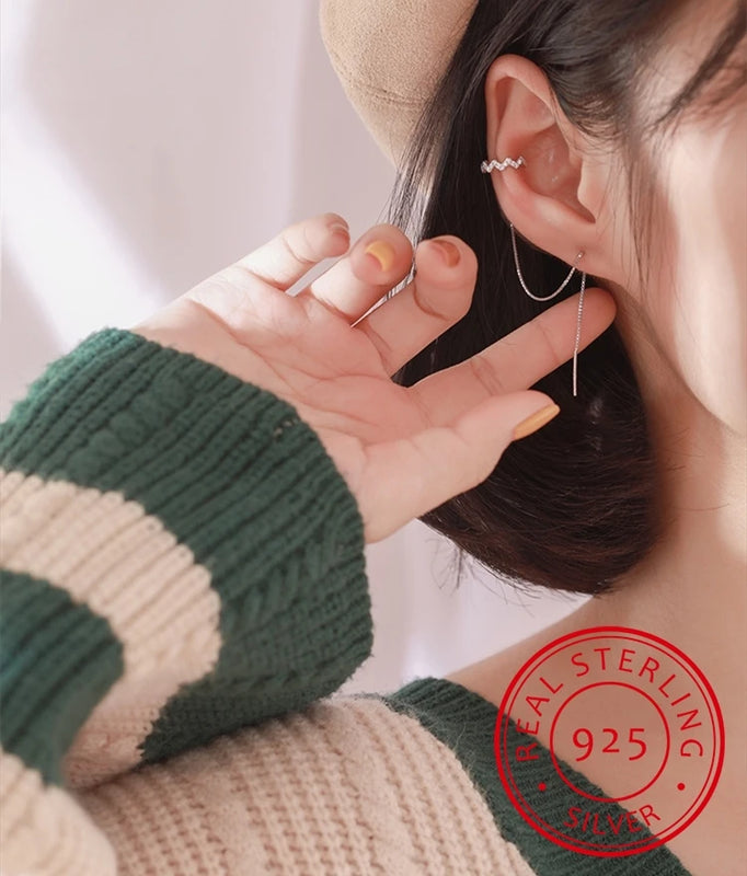 925 Silver Ear Clip Tassel Earrings Zirconia Ear Cuff Fine Jewelry