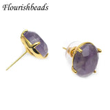 Natural Amethyst Quartz Crystal Oval Ear Stud Earrings