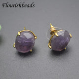 Natural Amethyst Quartz Crystal Oval Ear Stud Earrings