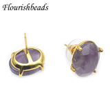Natural Amethyst Quartz Crystal Oval Ear Stud Earrings