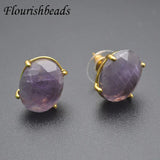 Natural Amethyst Quartz Crystal Oval Ear Stud Earrings