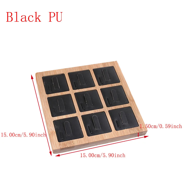 Bamboo 9 Grids PU Leather Rings Display Stand Black/White/Beige