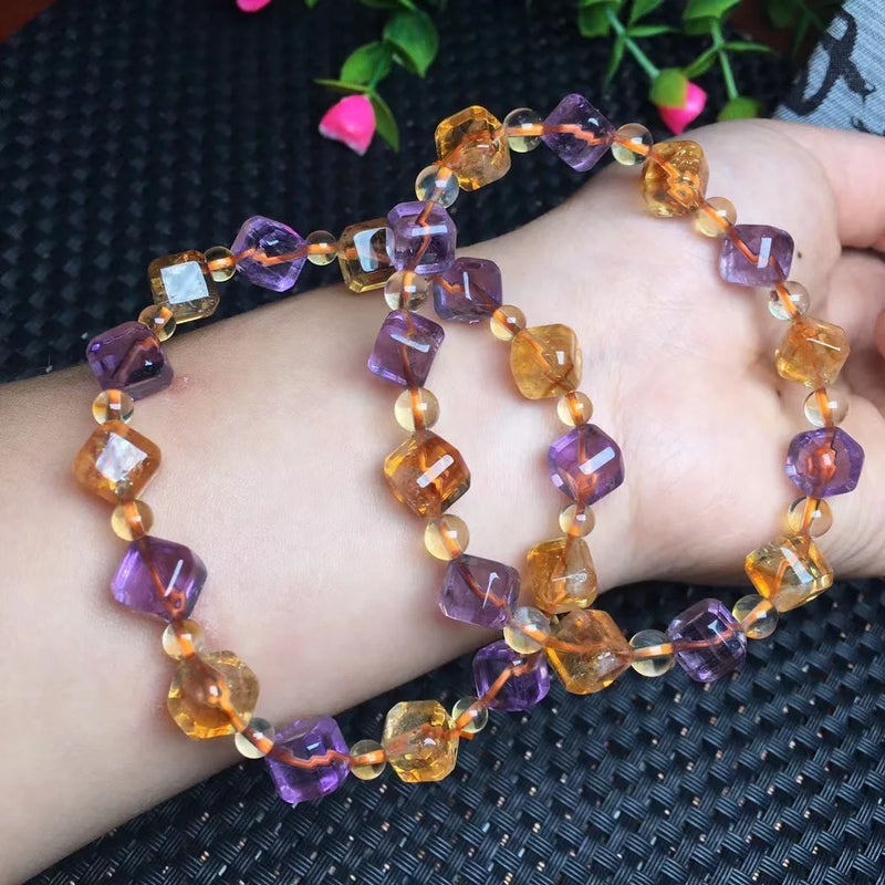 Amethyst Citrine Ametrine Bracelet Cube Bead Crystal Healing Stone Jewelry