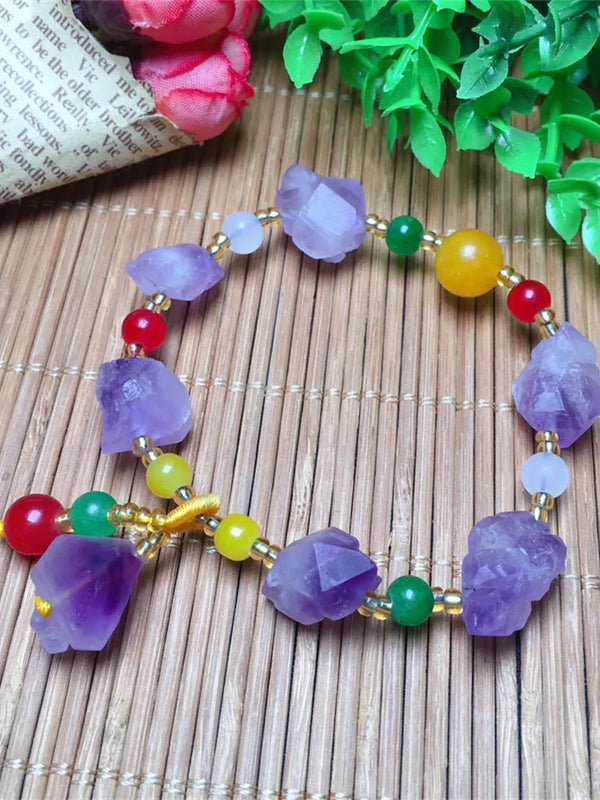 Natural Amethyst Raw Stone Bracelet Small Cluster Beads Purple Jewelry