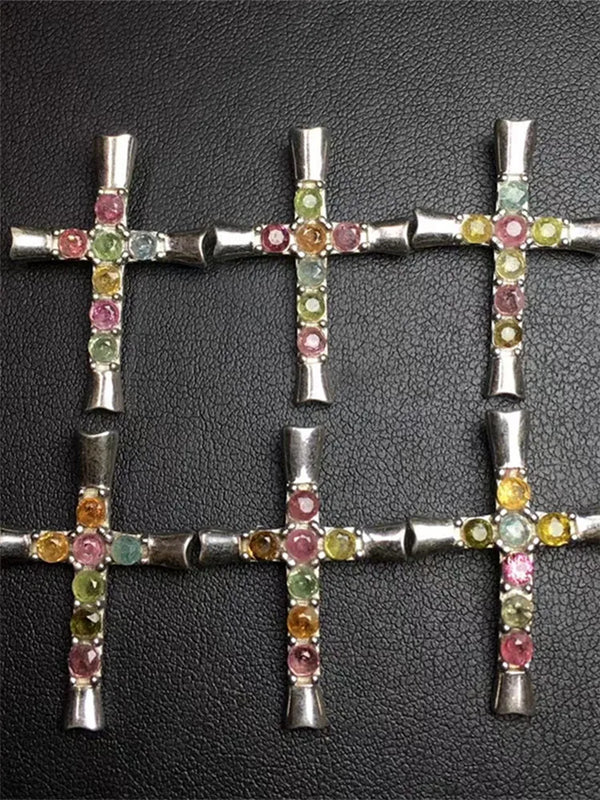 Colorful Tourmaline Cross Pendant 925 Sterling Silver Reiki Healing Stone