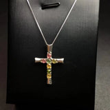 Colorful Tourmaline Cross Pendant 925 Sterling Silver Reiki Healing Stone