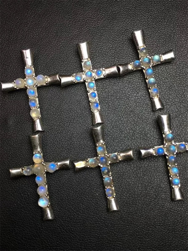 Labradorite Moonstone Cross Pendant 925 Sterling Silver Reiki Healing Stone