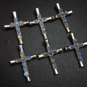Labradorite Moonstone Cross Pendant 925 Sterling Silver Reiki Healing Stone