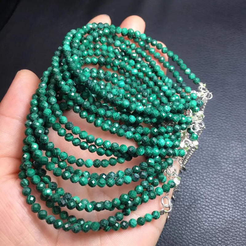 Malachite Round Faceted Bead Bracelet 925 Sterling Silver Crystal Healing Stone