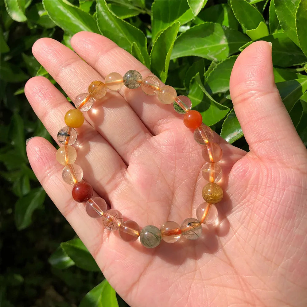 Natural Multicolored Rutilated Quartz Bracelet Crystal Healing Stone Jewelry