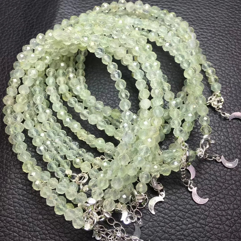 Natural Prehnite Chain Bracelet Round Faceted Beads 925 Sterling Silver Jewelry