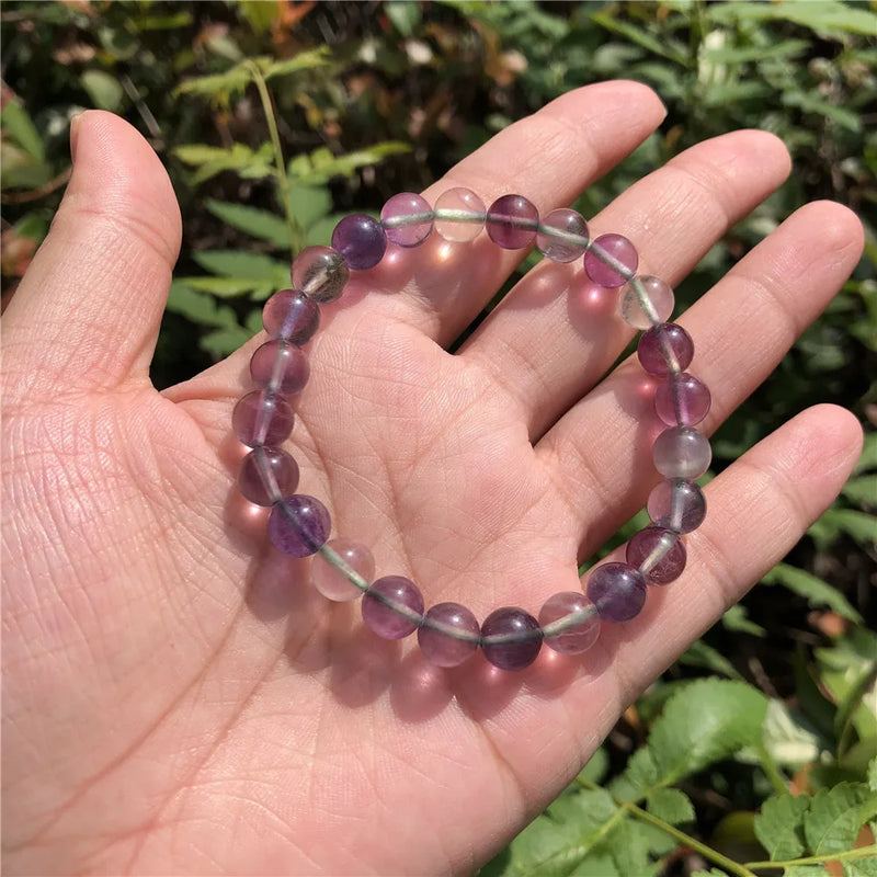 Purple Rainbow Fluorite Bracelet Colorful Round Beads Crystal Quartz