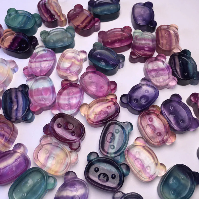 Natural Rainbow Fluorite Bear Bowl Home Decor Crystal Healing Stone Jewelry
