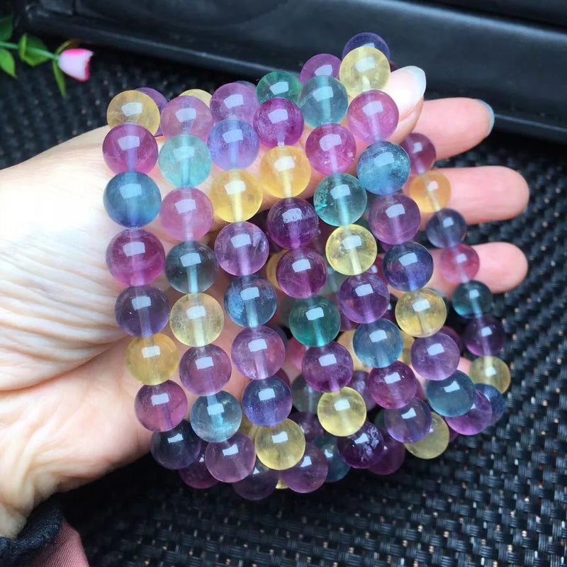 Rainbow Fluorite Bracelet Round Beads Crystal Quartz Healing Stone