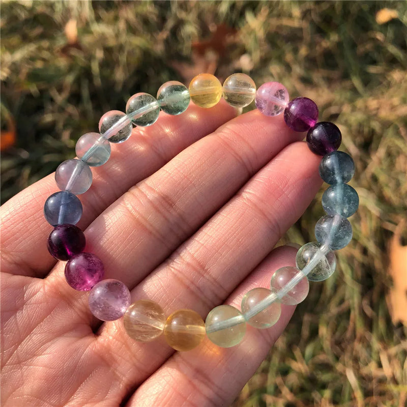 Natural Rainbow Fluorite Bracelet Round Bead Crystal Healing Stone