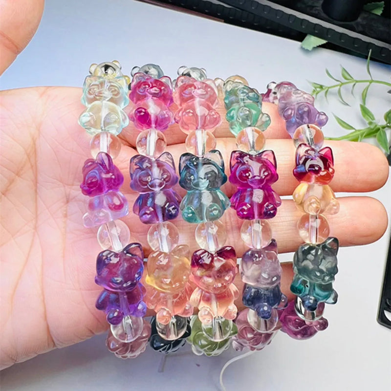 Natural Rainbow Fluorite Cartoon Character Bracelet Crystal Reiki Healing Stone