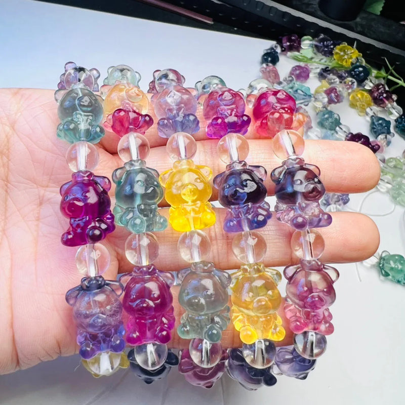 Natural Rainbow Fluorite Crown Bear Bracelet Crystal Reiki Healing