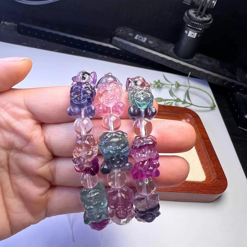 Natural Rainbow Fluorite Swallowing Beast Bracelet Crystal Healing Stone