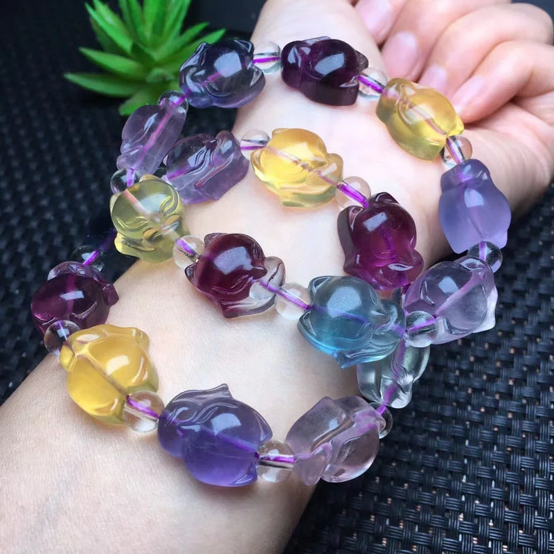 Natural Rainbow Fluorite Fox Bracelet Crystal Healing Stone Jewelry