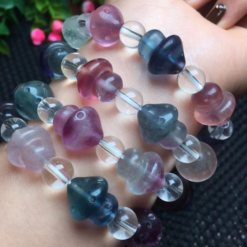 Natural Rainbow Fluorite Mushroom Bracelet Crystal Reiki Healing Stone