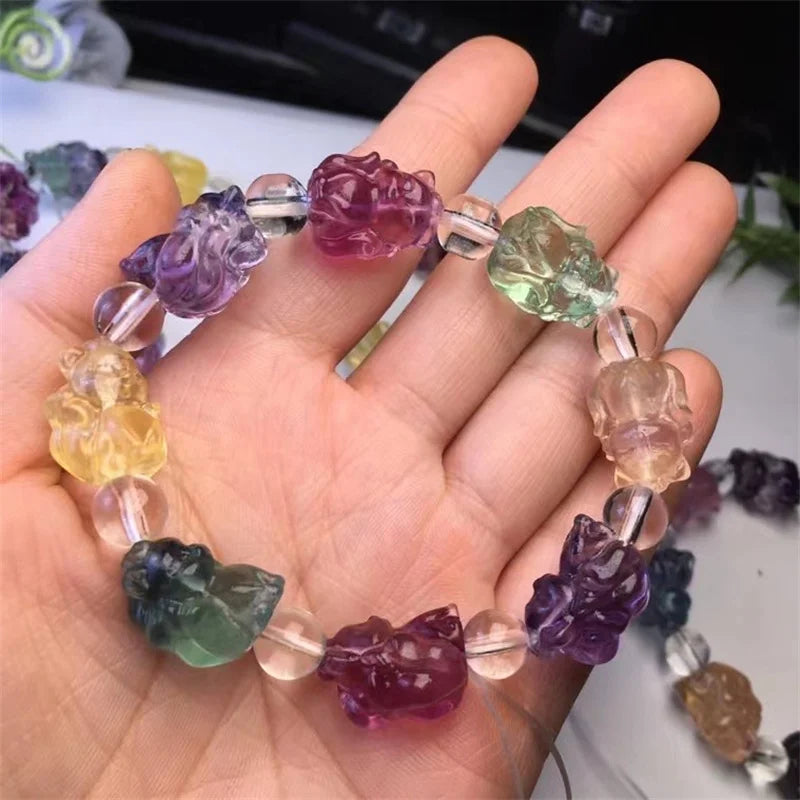 Rainbow Fluorite Nine-Tailed Fox Bracelet - Crystal Healing Stone Jewelry