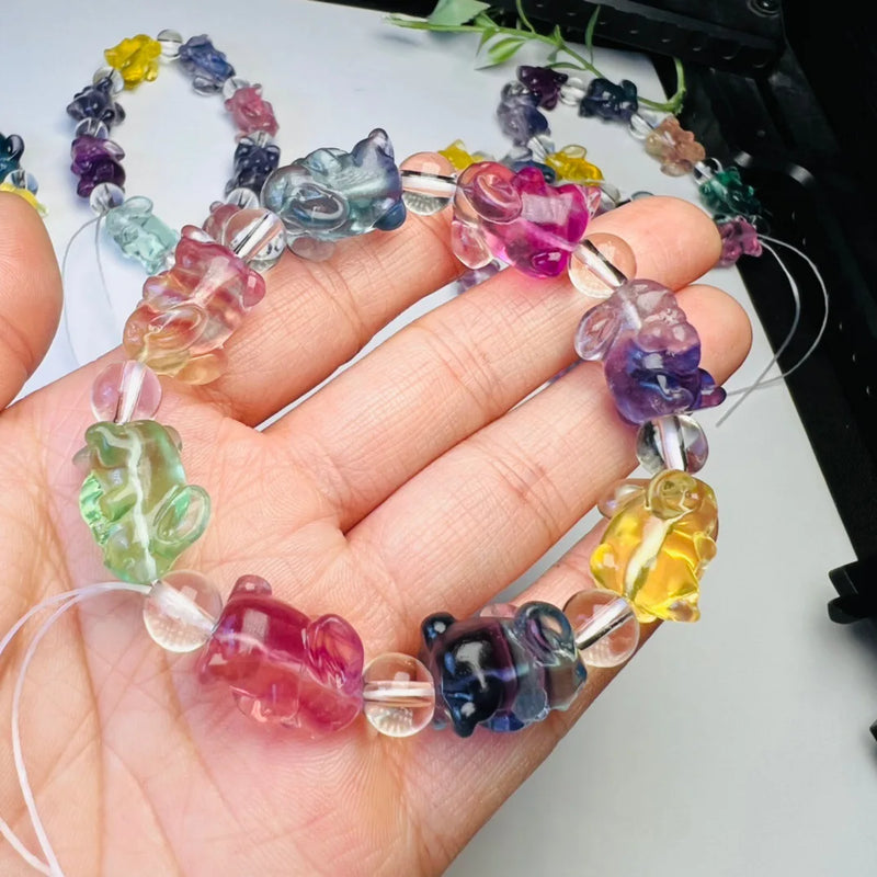 Rainbow Fluorite Rabbit Bracelet Reiki Healing Stone Jewelry