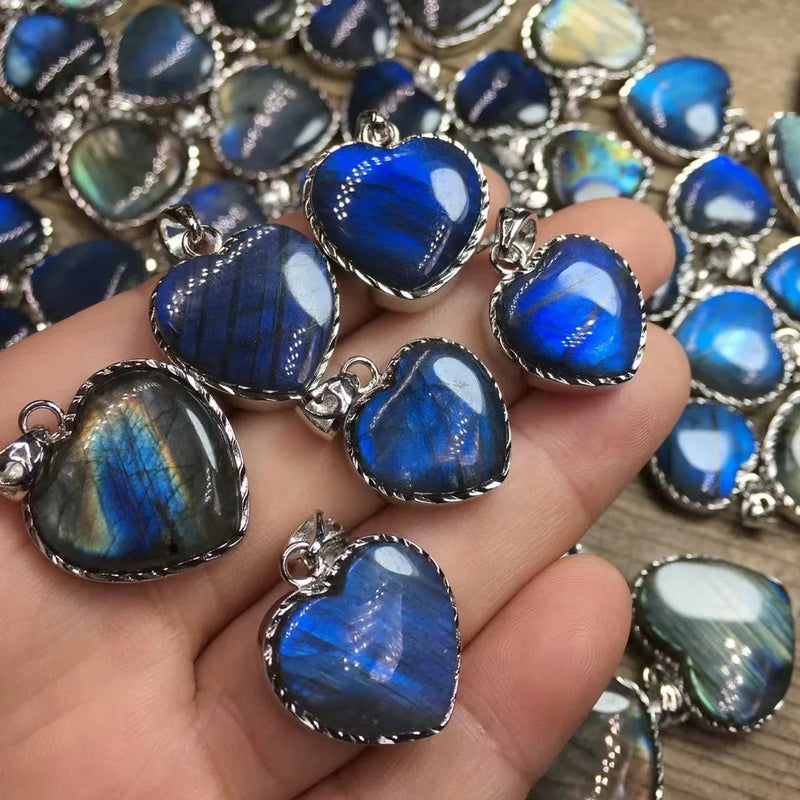 Natural Rainbow Labradorite Heart Pendant Crystal Healing Stone Jewelry