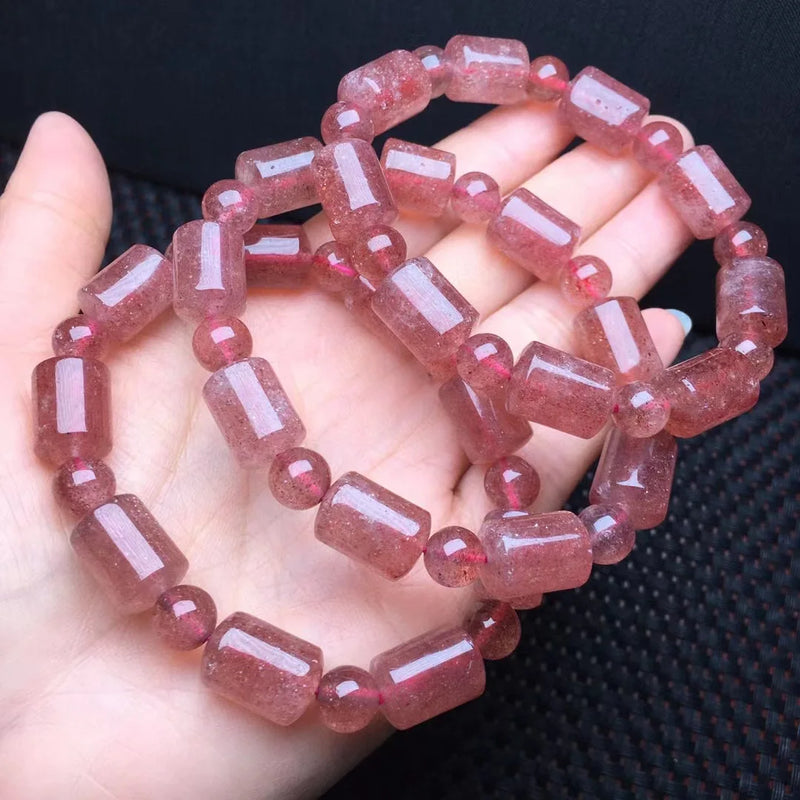 Red Strawberry Quartz Barrel Bead Bracelet Crystal Reiki Healing Stone