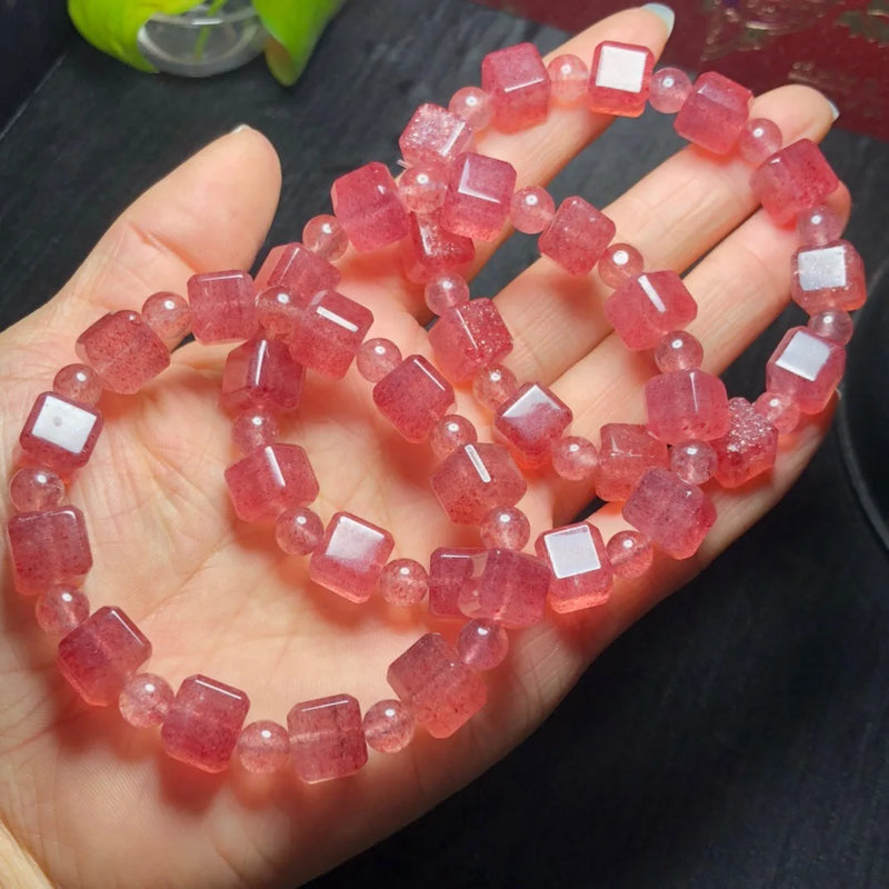Natural Red Strawberry Quartz Cube Bracelet Crystal Reiki Healing Stone Jewelry