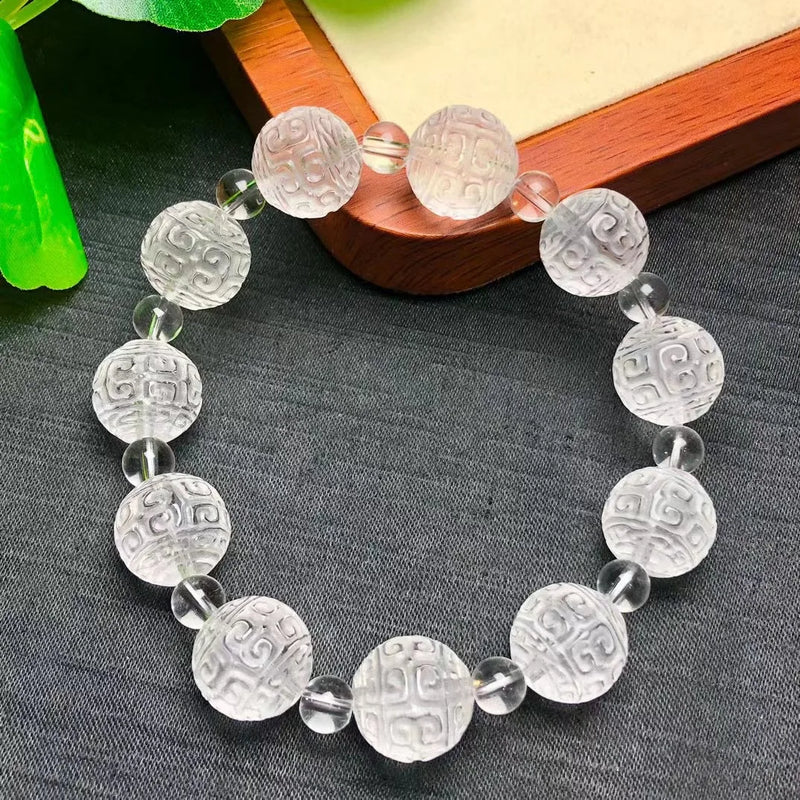 Natural Rock Quartz Engraved Fret Pattern Bead Bracelet