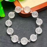 Natural Rock Quartz Engraved Fret Pattern Bead Bracelet