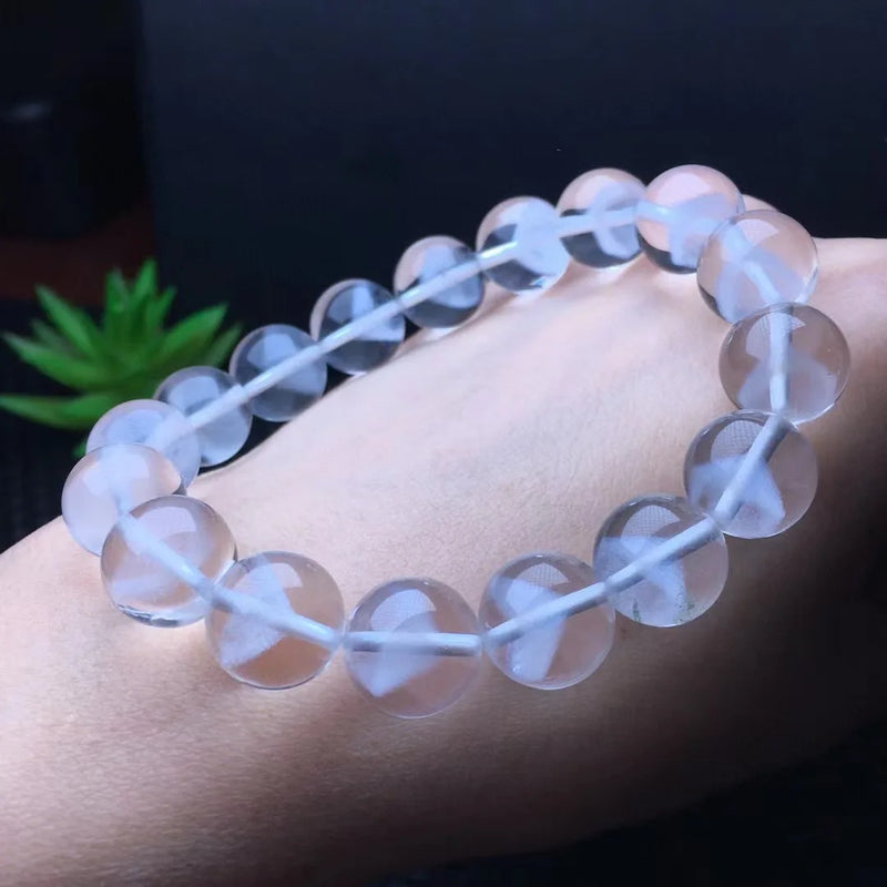 Natural Rock Quartz Pyramid Inclusion Bracelet Round Beads Crystal Healing Stone