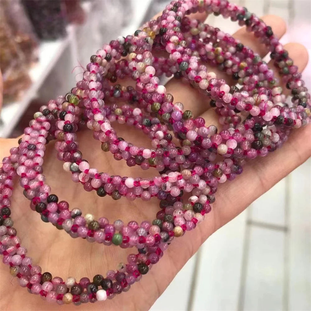Fengbaowu Round Multicolored Tourmaline Bracelet Crystal Healing Stone
