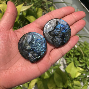 Labradorite Wolf Head Necklace Pendant Carved Animal Crystal