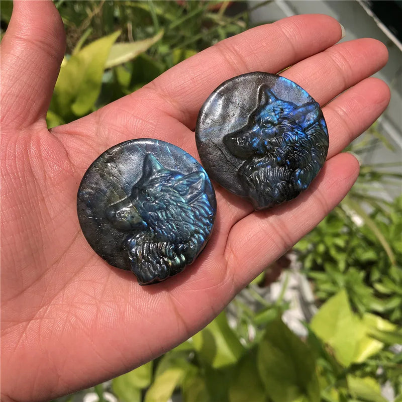 Labradorite Wolf Head Necklace Pendant Carved Animal Crystal
