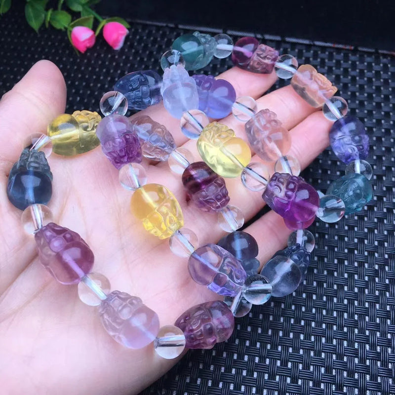 Natural Stone Rainbow Fluorite Pixiu Bracelet Crystal Healing Jewelry