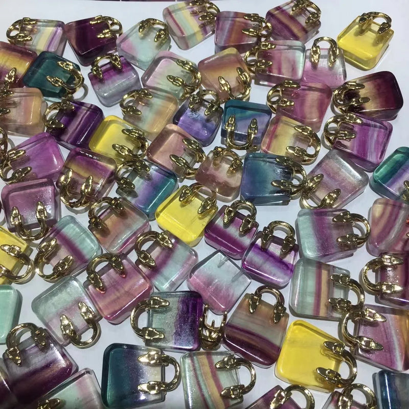 Rainbow Fluorite Bag Pendant Natural Stone Crystal Jewelry