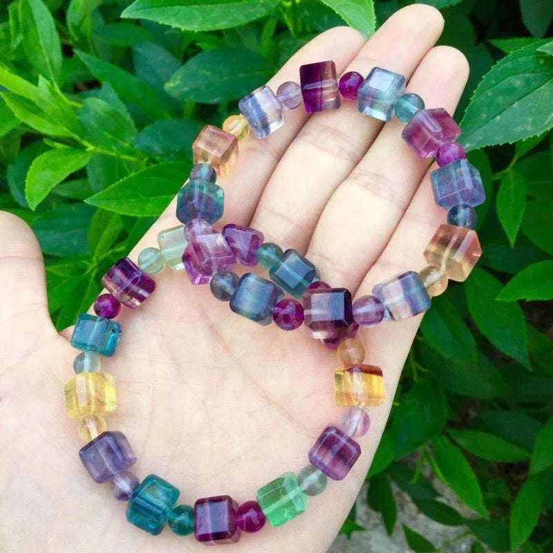 Rainbow Fluorite Bracelet Cube Beads Crystal Healing Jewelry