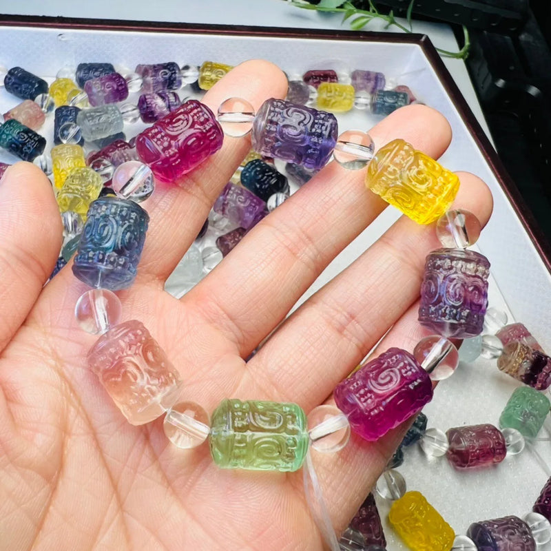 Natural Stone Rainbow Fluorite Engrave Fret Pattern Beads Bracelet