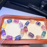 Natural Stone Rainbow Fluorite Engrave Fret Pattern Beads Bracelet