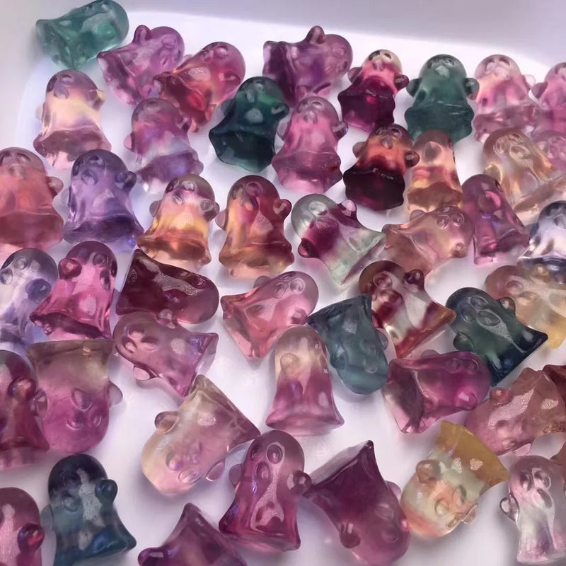 Rainbow Fluorite Ghost Pendant Crystal Animal Figurine Halloween Gift