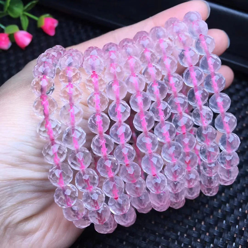 1 Pc Rose Quartz Bracelet Faceted Round Bead Crystal Reiki Healing Jewelry