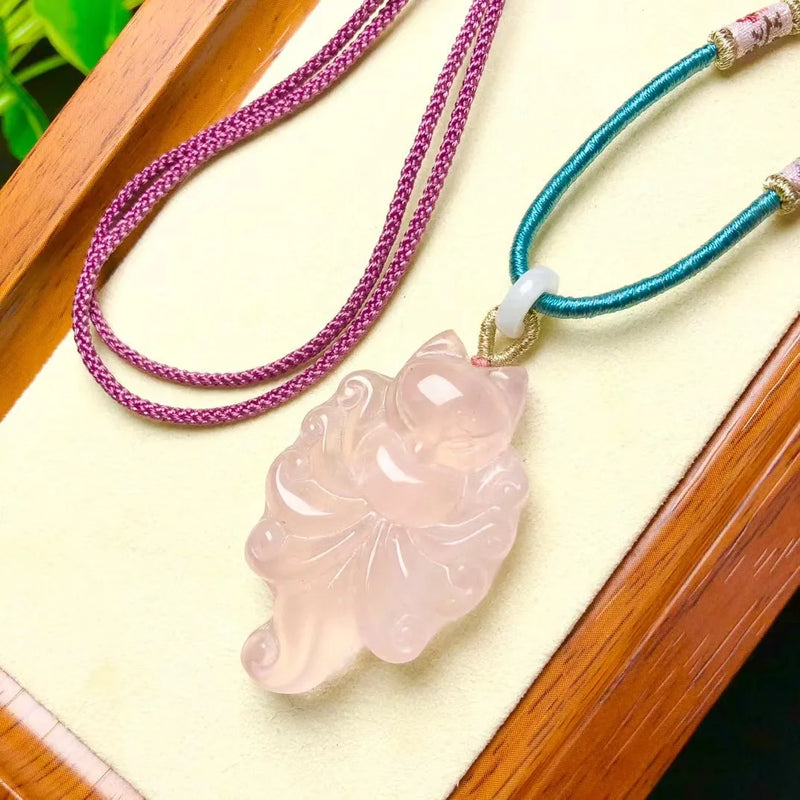 Rose Quartz Nine-Tailed Fox Pendant Crystal Jewelry for Women