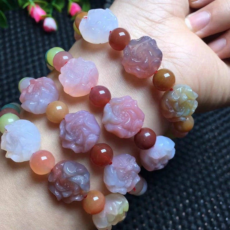 Natural Stone Yanyuan Agate Peony Flower Bracelet Crystal Jewelry Gift