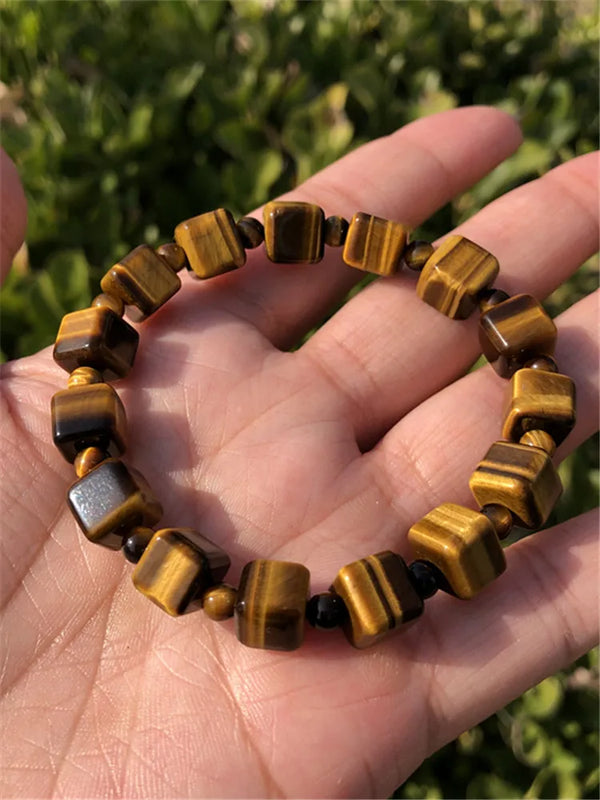 Natural Yellow Tiger Eye Bracelet Cube Shape Crystal Healing Stone Jewelry