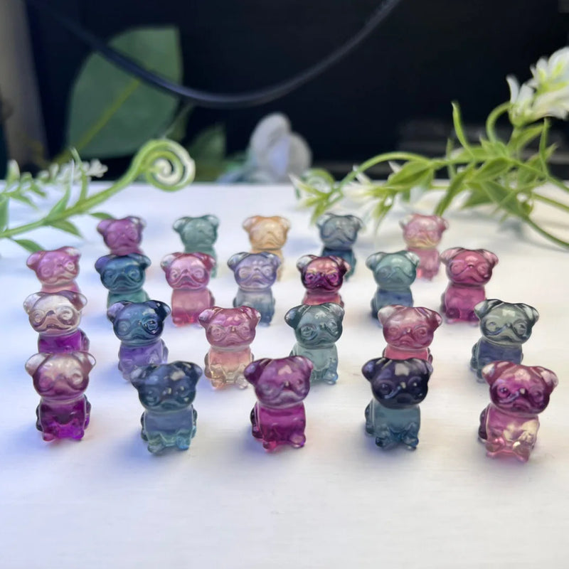 Natural Rainbow Fluorite Carved Pug Dog Pendant