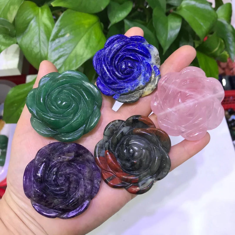 Green Aventurine Pink Quartz Rose Flower Crystal Carved Home Decoration